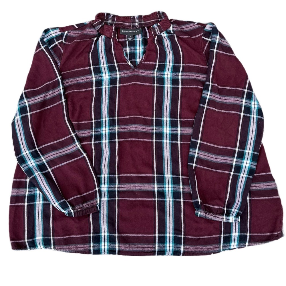 Lane Bryant Burgundy‎ Teal Plaid Long Sleeve Top Size 18 Women's